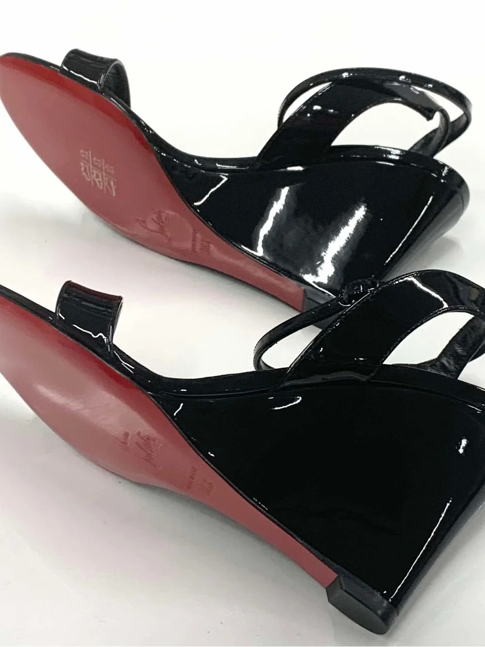 Christian Louboutin Black Patent Wedge Sandals with Red Soles